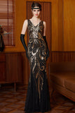 Black Golden V-Neck Sequins Mermaid Tulle Long 1920s Dress With 4-Piece Accessories Set