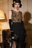 Black Golden Illusion Round Neck Sheath Tiered Fringed Midi 1920s Dress With 5-Piece Accessories Set