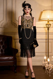 Black Golden Illusion Round Neck Sheath Tiered Fringed Midi 1920s Dress With 5-Piece Accessories Set