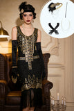 Black Golden Round Neck Sequins Sheath Fringed Midi 1920s Dress With 4-Piece Accessories Set