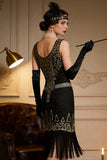 Black Golden Round Neck Sequins Sheath Fringed Midi 1920s Dress With 4-Piece Accessories Set