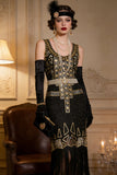 Black Golden Round Neck Sequins Sheath Fringed Midi 1920s Dress With 4-Piece Accessories Set