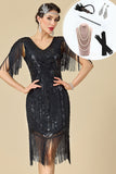 Black V-Neck Sheath Beaded Sequins Fringed Midi 1920s Dress With 5-Piece Accessories Set