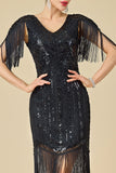 Black V-Neck Sheath Beaded Sequins Fringed Midi 1920s Dress With 5-Piece Accessories Set