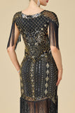 Black Golden V-Neck Sequins Bodycon Fringed 1920s Dress With 5-Piece Accessories Set