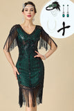 V-Neck Black Green Bodycon Sequins Beaded Fringed Midi 1920s Dress With 4-Piece Accessories Set