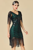 V-Neck Black Green Bodycon Sequins Beaded Fringed Midi 1920s Dress With 4-Piece Accessories Set