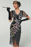 Black V-Neck Sequins Beaded Multi-Layer Fringed Bodycon Midi 1920s Dress With 5-Piece Accessories Set