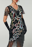 Black V-Neck Sequins Beaded Multi-Layer Fringed Bodycon Midi 1920s Dress With 5-Piece Accessories Set