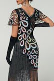 Black V-Neck Sequins Beaded Multi-Layer Fringed Bodycon Midi 1920s Dress With 5-Piece Accessories Set