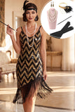 Black Golden Spaghetti Straps Sequins Fringed High Low 1920s Dress With 5-Piece Accessories Set