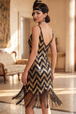 Black Golden Spaghetti Straps Sequins Fringed High Low 1920s Dress With 5-Piece Accessories Set