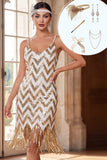White Golden Spaghetti Straps Sequins Bodycon Fringed 1920s Dress With 5-Piece Accessories Set