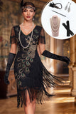 Black V-Neck Sequins Embroidery Bodycon Midi 1920s Dress With 5-Piece Accessories Set