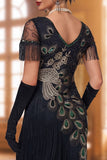Black V-Neck Sequins Embroidery Bodycon Midi 1920s Dress With 5-Piece Accessories Set