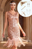 Rose Golden V-Neck Sequins Bodycon Fringed 1920s Dress With 5-Piece Accessories Set