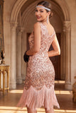 Rose Golden V-Neck Sequins Bodycon Fringed 1920s Dress With 5-Piece Accessories Set