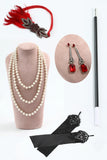 Red Round Neck Sequins Tiered Fringed Midi 1920s Dress With 5-Piece Accessories Set