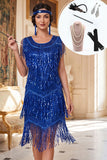 Royal Blue Sequins Round Neck Tiered Ruffled Midi 1920s Dress With 5-Piece Accessories Set
