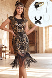 Black Golden Round Neck Beaded Sequins Fringed Bodycon Midi 1920s Dress With 4-Piece Accessories Set