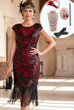 Black Red Round Neck Sequins Bodycon Fringed Midi 1920s Dress With 5-Piece Accessories Set
