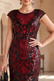 Black Red Round Neck Sequins Bodycon Fringed Midi 1920s Dress With 5-Piece Accessories Set