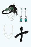Green Golden Round Neck Sequins Beaded Fringed Midi 1920s Dress With 4-Piece Accessories Set
