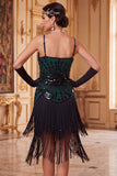 Black Green Bodycon Sequins Spaghetti Straps Fringed 1920s Dress With 4-Piece Accessories Set