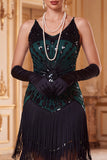 Black Green Bodycon Sequins Spaghetti Straps Fringed 1920s Dress With 4-Piece Accessories Set