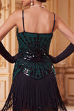 Black Green Bodycon Sequins Spaghetti Straps Fringed 1920s Dress With 4-Piece Accessories Set