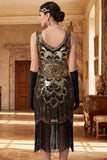 Black Golden V-Neck Sequins Bodycon Fringed 1920s Dress With 4-Piece Accessories Set