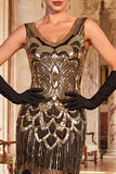 Black Golden V-Neck Sequins Bodycon Fringed 1920s Dress With 4-Piece Accessories Set