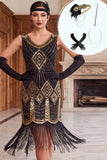 Black Golden V-Neck Sequins Fringed Bodycon 1920s Dress With 5-Piece Accessories Set