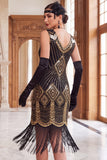 Black Golden V-Neck Sequins Fringed Bodycon 1920s Dress With 5-Piece Accessories Set