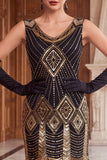 Black Golden V-Neck Sequins Fringed Bodycon 1920s Dress With 5-Piece Accessories Set