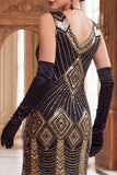 Black Golden V-Neck Sequins Fringed Bodycon 1920s Dress With 5-Piece Accessories Set