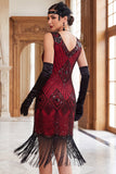 Black Red V-Neck Sequins Bodycon Fringed 1920s Dress With 5-Piece Accessories Set