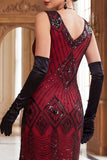 Black Red V-Neck Sequins Bodycon Fringed 1920s Dress With 5-Piece Accessories Set