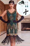 Green Golden Sequins Fringed V-Neck Bodycon Midi 1920s Dress With 4-Piece Accessories Set