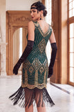 Green Golden Sequins Fringed V-Neck Bodycon Midi 1920s Dress With 4-Piece Accessories Set