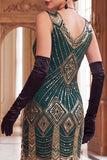 Green Golden Sequins Fringed V-Neck Bodycon Midi 1920s Dress With 4-Piece Accessories Set