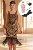 Black Golden V-Neck Bodycon Sequins Fringed 1920s Dress With 5-Piece Accessories Set