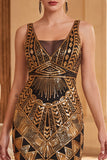 Black Golden V-Neck Bodycon Sequins Fringed 1920s Dress With 5-Piece Accessories Set