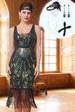 Dark Green Sequins Bodycon V-Neck Tulle Fringed 1920s Dress With 4-Piece Accessories Set