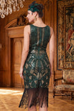 Dark Green Sequins Bodycon V-Neck Tulle Fringed 1920s Dress With 4-Piece Accessories Set