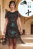 Black Green Round Neck Sequins Bodycon Fringed 1920s Dress With 4-Piece Accessories Set