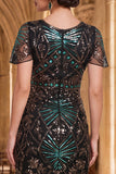 Black Green Round Neck Sequins Bodycon Fringed 1920s Dress With 4-Piece Accessories Set