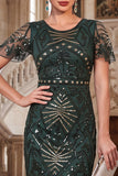 Bodycon Dark Green Sequins Round Neck Fringed 1920s Dress With 4-Piece Accessories Set