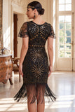 Black Golden Bodycon Round Neck Sequins Fringed 1920s Dress With 5-Piece Accessories Set