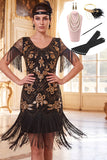Black Golden Round Neck Fringed Sequins Bodycon 1920s Dress With 5-Piece Accessories Set